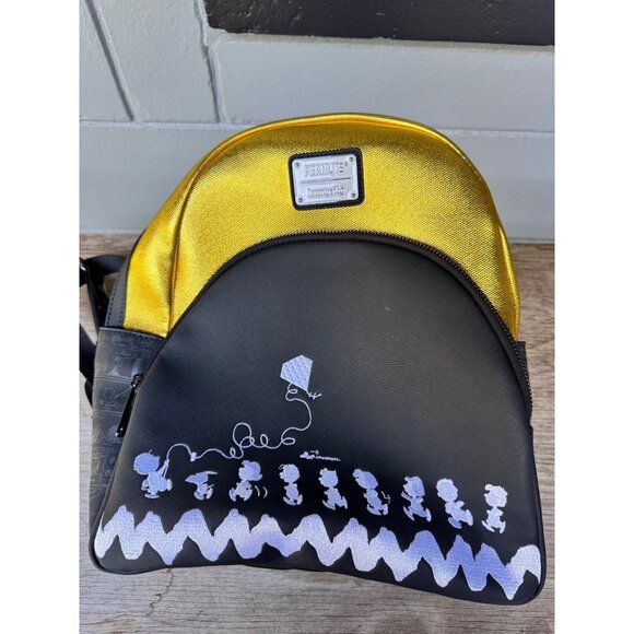 Loungefly Handbags - Loungefly Peanuts 75th Anniversary Mini Backpack Snoopy Charlie Brown Black Gold